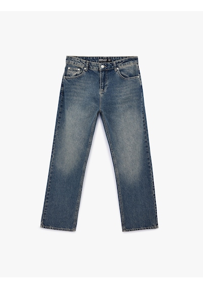 Koton Pamuklu Normal Bel Cepli Vintage Straight Fit Jean Pantolon Petrol 7wam40063nd