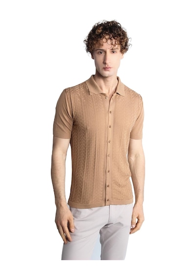 Vizon Slim Fit Dar Kalıp Düğmeli Polo Yaka Desenli Kısa Kollu Triko Tişört-16322 Bej