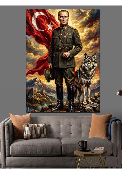 Atatürk Türk Bayrağı Ve Kurt Figürü Dekoratif Kanvas - Mdf Ahşap Tablo
