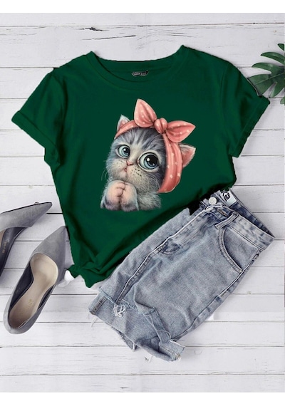 Oversize Yeşil Sevimli Minik Kedi Baskılı T-shirt Unisex Rahat Kalıp Yeşil