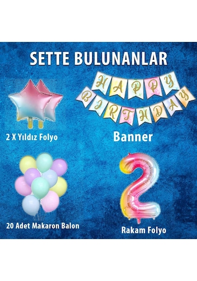 Gökkuşağı Konsepti 2 Yaş Doğum Günü Parti Kutlama Seti; Rakam Ve