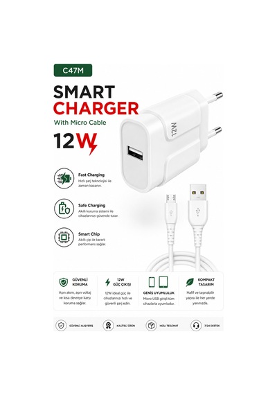 C47m Smart Charger 12w Usb To Mikro Usb Kablolu Hızlı Şarj Aleti Fast Charging Smart Chip Safe Charging Usb Adaptör Ve Şarj Kablosu C47m Smart Charger 12w Usb To Mikro Usb Kablolu Hızlı Şarj Aleti Fast Charging Smart Chip Safe Charging Usb Adaptör Ve Şarj Kablosu