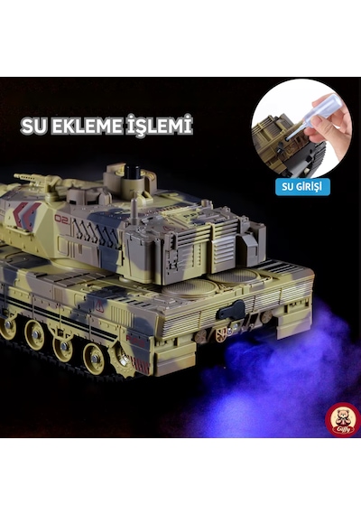 Oyuncak 2.4 Uzaktan Kumandalı Su Bombası Atan Tank Buharlı 1200 Şarjlı Sesli Gövdesi 360 Hareketli Gövde Sarı