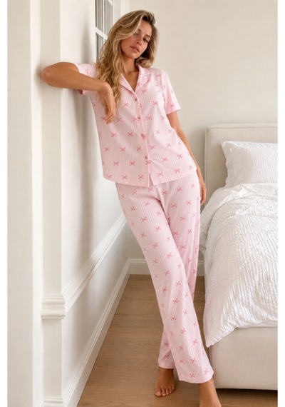 Kadın Loose Kalıp Pamuklu Pembe Pijama Takımı