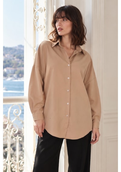 Armonika Kadın Açık Vizon Oversize Uzun Basic Gömlek Arm-22y001118