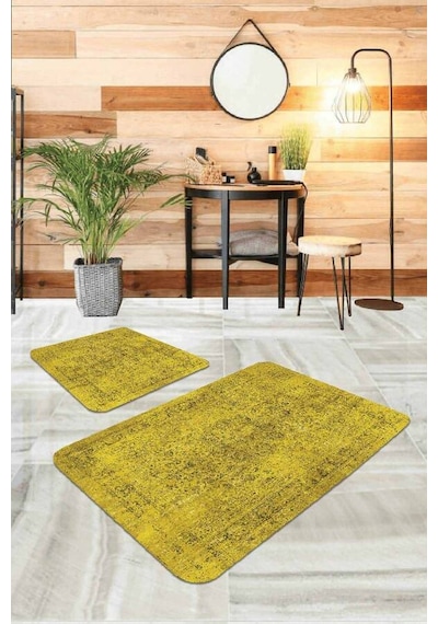 Sarı Modern Klasik Banyo Halısı Klozet Paspas Seti Bs235n11