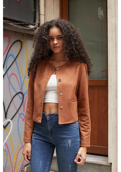 Kadın Esnek Süet Kumaş Sıfır Yaka Flato Cepli Uzun Kol Blazer Ceket-taba Taba