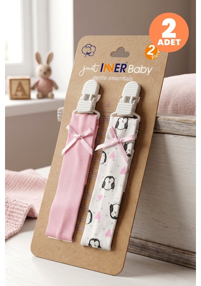 Just Inner Kız Bebek 2'li Pamuklu Emzik Askısı Klipsli Penguen Desenli Fiyonklu Güvenli Ve Şık 684101 Çok Renkli