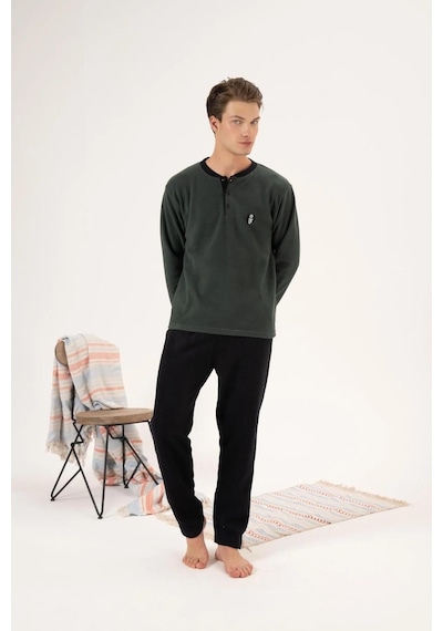 Estiva 24421 Erkek Kışlık Polar Düğmeli Yaka Pijama Takımı Haki