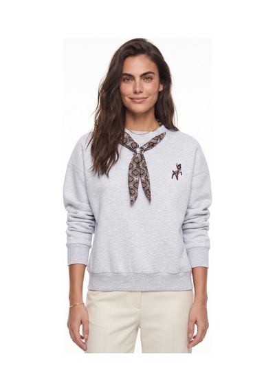 Onloox Kadın Gri Gri Pamuklu Üç İplik Şardonlu Oversize Fular Detaylı Ceylan Nakışlı Sweatshirt