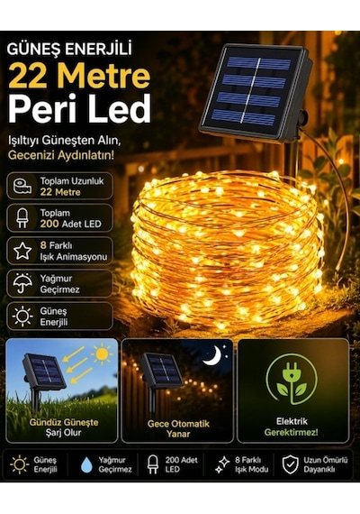 Güneş Enerjili 200 Led Peri Işık, Bahçe Ve Balkon Dekorasyon İçin Aydınlatma 22 Metre Solar Led -