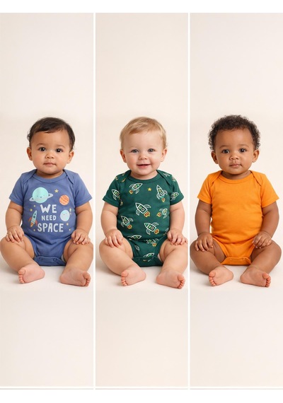 Civil Baby 3 Lü Roket Empirmeli Kısa Kol 0-36 Ay Çıtçıtlı Badi - Yeşil Çam Yeşili