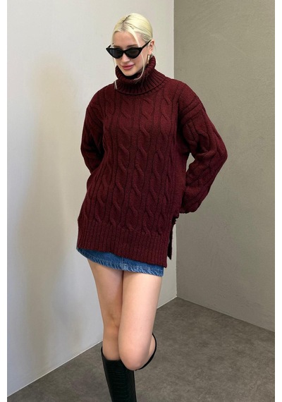 Madmext Bordo Boğazlı Triko Kazak Mg2376 Bordo