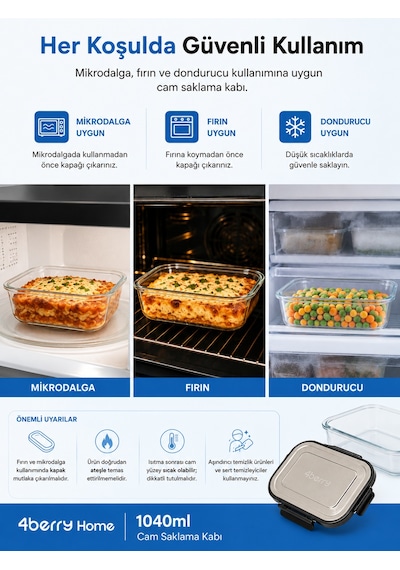 1040 Ml Kilitli Cam Saklama Kabı İnoks Kapaklı Yemek Ve Kahvaltılık Kabı Şeffaf