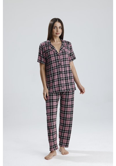 Kompedan Kadın Önden Düğmeli Pijama Takım Ekose Pembe Eks Pembe