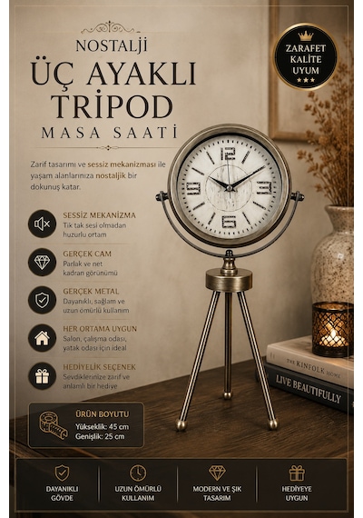 Nostalji Tripod Eskitme Üç Ayaklı Metal Masa Saati