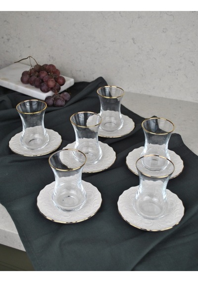 12 Parça Yaldızlı Cam Çay Takımı Porselen Çay Seti Çay Bardağı - Pera 6 Kişilik Şeffaf