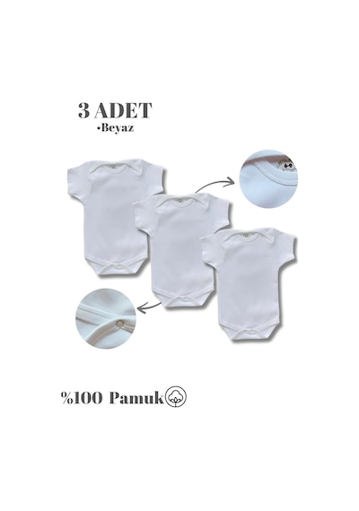 Betül Bebek Kısa Kollu 3'lü %100 Organik Pamuk Çıtçıtlı Bebek Body & Zıbın 3 Adet Beyaz