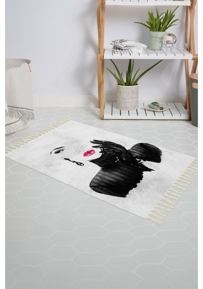 Banyo Halısı Dijital Baskılı Banyo Paspası 50x80 Polyester Kaymaz Tabanlı Duş Paspası Pretty Woman Beyaz - Siyah