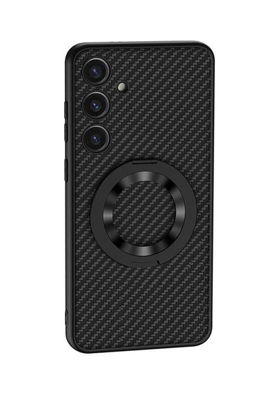 Galaxy Uyumlu S24 Wireless Şarj Özellikli Pazarplus Kıpta Standlı M-safe Silikon Kılıf Siyah Karbon