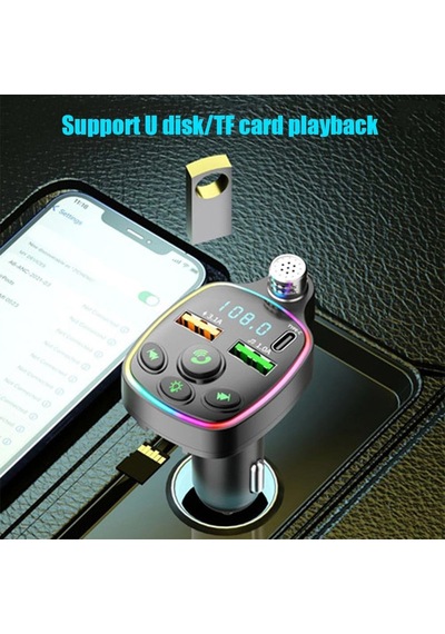 Nr67 Rgb Renkli Fm Radyo Transmitter Mp3 Çalar Bluetooth 5.0 Çakmaklık Type-c Hızlı Şarj Aleti
