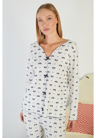 Fullamoda Fiyonk Desenli V Yaka Pijama Takımı Lacivert