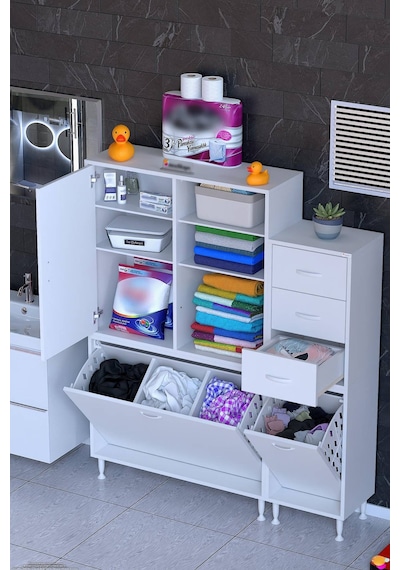 Ohbe 90 + 45cm Genişlik 160cm Boy 32,5cm Derinlik Kirli Sepetli 1 Kapak 3 Çekmeceli Çok Amaçlı Banyo Dolabı Beyaz Ohbe 90 + 45cm Genişlik 160cm Boy 32,5cm Derinlik Kirli Sepetli 1 Kapak 3 Çekmeceli Çok Amaçlı Banyo Dolabı Beyaz
