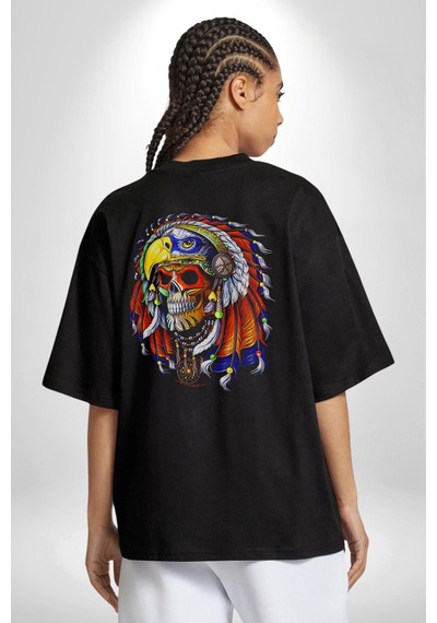 Kızıl Derili Kuru Kafa Düş Kapanı Pamuklu Unisex Oversize Sırt Dijital Baskılı Siyah T-shirt Siyah