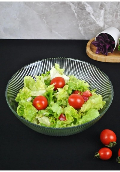 Modern Çizgi Desenli Cam Salata Kasesi Meyve Sunumluk Kase Orta Boy 21 Cm Şeffaf
