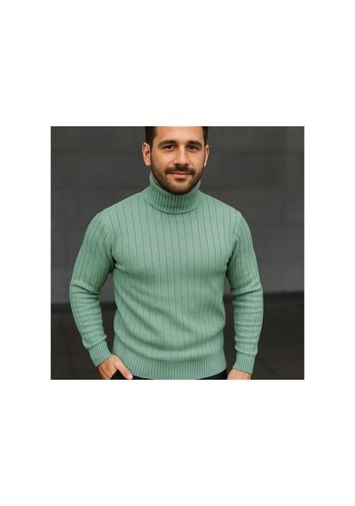 Erkek Tam Boğazlı Balıkçı Yaka Triko Kazak Kalın Fitilli - Mint Yeşili
