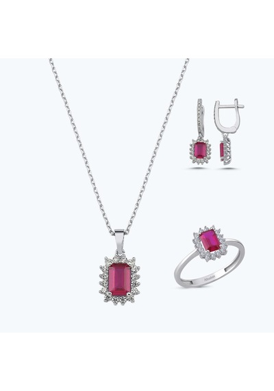 Altınbaş Kırmızı Taşlı Altın Üçlü Baget Set Autk0015-b-24627-k-set