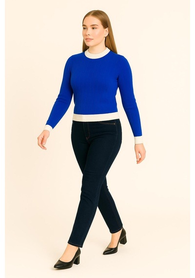 Hira Life Fashion Kadın Bisiklet Yaka Fitili Ve Şerit Detaylı Crop Triko Kısa Kazak Mavi Mavi Hira Life Fashion Kadın Bisiklet Yaka Fitili Ve Şerit Detaylı Crop Triko Kısa Kazak Mavi Mavi
