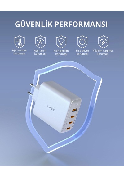 Aukey PA-B7S -WH 100 W Dört Bağlantı Noktalı PD Gan Duvar Şarj Cihazı - Beyaz