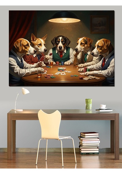 Masa Başında Poker Oynayan Köpekler Dekoratif Kanvas - Mdf Ahşap Tablo