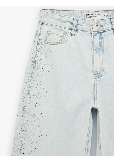Koton Pamuklu Düğmeli Cepli Geniş Paça Taşlı Denim Pantolon - Wide Leg Jeans Açık İndigo 6sal40010md Açık İndigo