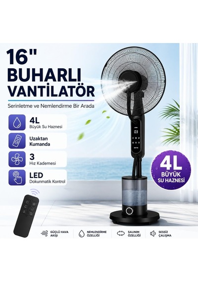 16 İnç Buharlı Vantilatör, 4l Su Hazneli Ayaklı Fan, Uzaktan Kumandalı, Led Ekranlı, 3 Hız Kademeli, 3 Modlu, Ne