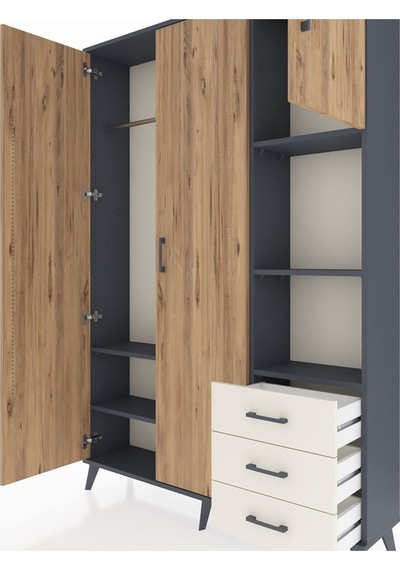 Arges Dolap 5 Raflı 3 Çekmeceli Tek Askılı 132x30x195 Antrasi... Antrasit