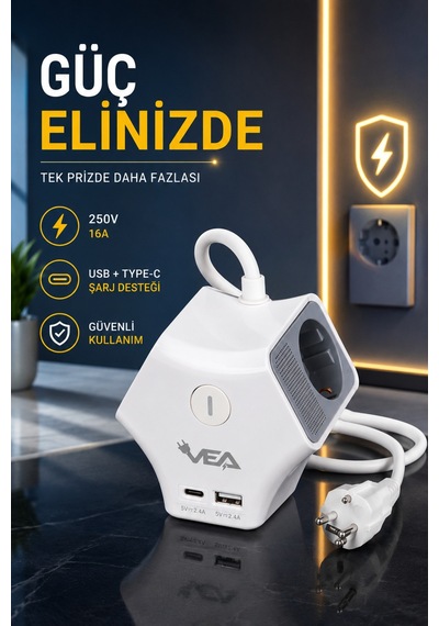 3'lü Grup Priz 2 Usb Type-c Girişli Ayrı Anahtarlı 1.5 Metre Uzatma Kablosu 16a 3680w Ev Ofis Duvar Monteli 0