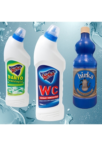 Birka 3 Lü Temizlik Seti Wc Tuvalet 750 Ml + Banyo Temizleyici 750 Ml + Kireç Çözücü 1 Kg 3'lü Set