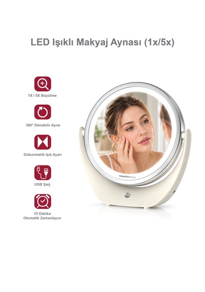 Touchbeauty Tb1276 Led Işıklı, Dounmatik Ekranlı, Şarj Edilebilir Makyaj Aynası 5x Büyütmeli Beyaz