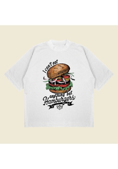 Tarzsokak Hamburger Baskılı Oversize Unisex Pamuklu Nefes Alan Kalın Kumaşlı Beyaz