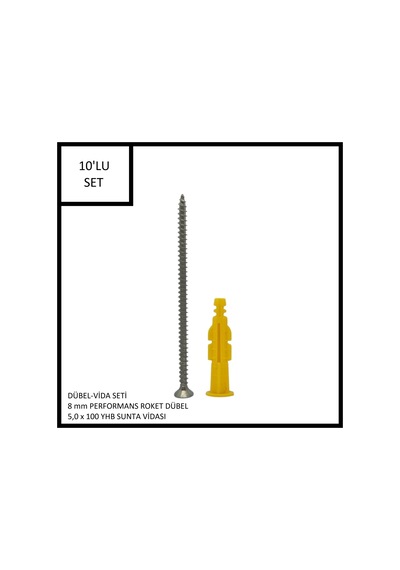 Dübel-vida Seti, Performans Roket Dübel 8 Mm, 5,0x100 Yhb Sunta Vidası, 10 Adet