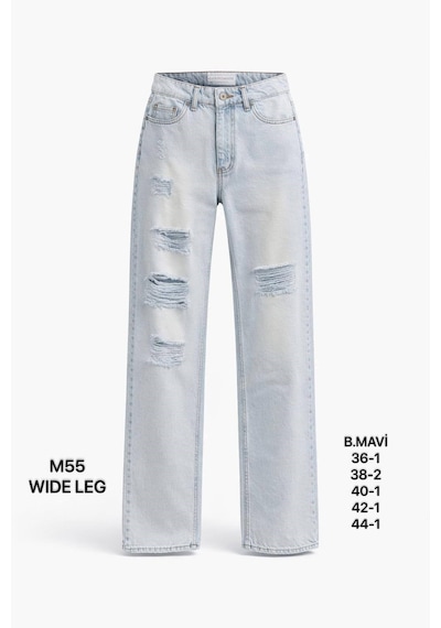 Miss Poem Kadın Buz Mavi Yırtık Detaylı Wide Leg Jean Pantolon