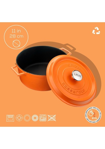 Lava Spring Serisi - Döküm Tencere, Yuvarlak, 28 Cm, Mat Emaye, Parlak Siyah Taban, Turuncu Diğer