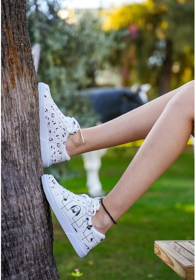 Kadın Vegan Deri Beyaz Sneakers - I Woof You Tasarım Çok Renkli