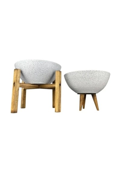 Beyaz Granit 3-4 Ayaklı İkili Set Toprak Saksı 20 Cm Çap