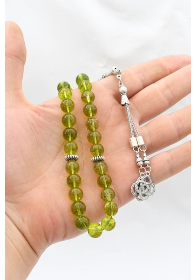 Doğal Peridot Taşlı 33'lük Tesbih Metal Püsküllü 10mm Küre Kesim 902256