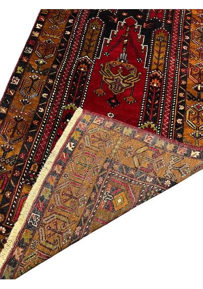El Dokuma Eski Büyük Yahyalı Halısı 123x265 Kök Boya %100 Yün Halı Kırmızı