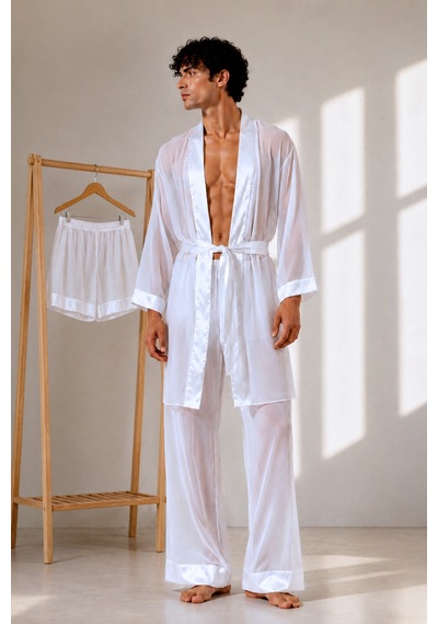 Qmen Style Erkek Şifon Kimono- Pijama - Şort Seti Beyaz