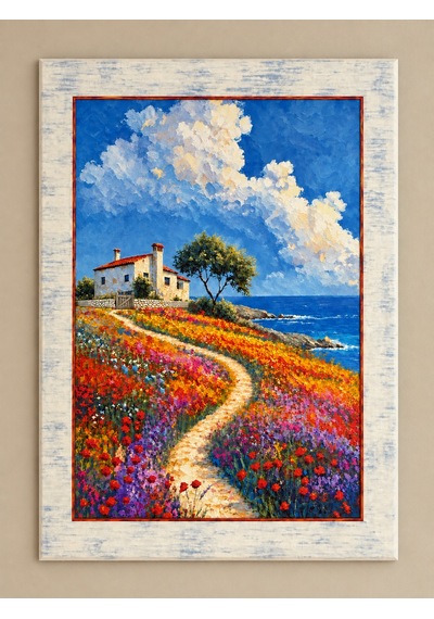 Ahşap Eskitme Çerçeve Desenli Deniz Manzaralı Dağ Evi Temalı Dekoratif Ahşap Tablo 52x72 Cm